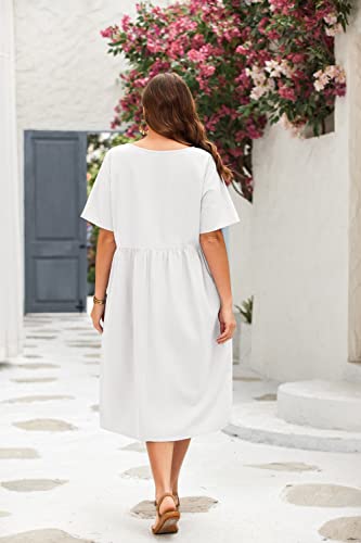 Image of IN'VOLAND Plus Size Loose Cotton Linen Dresses Summer Casual Midi Dresses with Pockets 16W White
