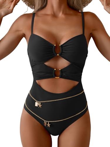 Aidonger One Piece Swimsuit for Women Cutout Ring Linked Monokini Bathing Suit Sexy Belt Chain Swim Suits Black