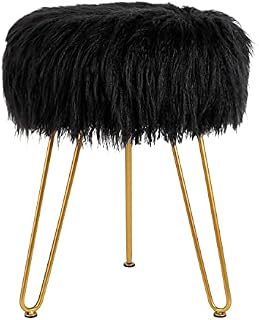 TOUCH-RICH Footrest Stool Round Velvet Storage Modern Ottoman Upholstered Vanity Footstool Stool Side Table Seat Dressing Chair with Golden Metal Leg Tray Top Coffee Table (F BLACK)