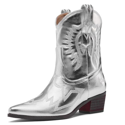 Cowboy Boots for Women Embroidered Metallic Ankle Western Cowgirl Boots Pointed Toe Chunky Heel