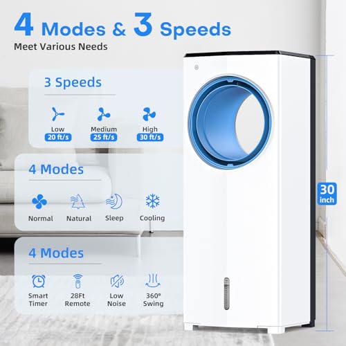 Image of Evaporative Air Cooler, 35 inch Windowless Air Conditioner Portable w /3 Speeds, 25ft Remote, Smart Timer & Water Tank, Portable Air Conditioners No Windows Needed, 90Oscillating AC Unit for Room