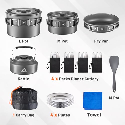 THTYBROS 27pcs Camping Cookware Mess Kit for 2-4 People, Portable Cookware Set with Kettle, Pots & Pans, Stainless Steel Utensils, Plates, Dishware for Backpacking, Picnic, Outdoor Adventures