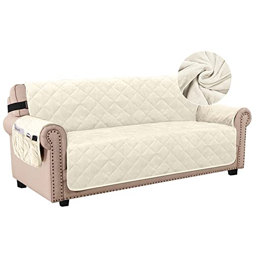 H.VERSAILTEX Thick Velvet Sofa Cover Soft Couch Cover for 3 Cushion Cover Washable Furniture Protector for Dogs Non-Slip Sofa Slipcover with Elastic Strap Fit Sitting Width Up to 70"(Sofa, Ivory)