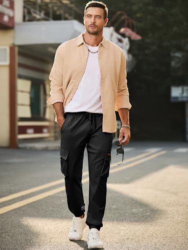 JMIERR Mens Cargo Pants Casual Lightweight Elastic Waist Drawstring Tapered Pant with Pockets4