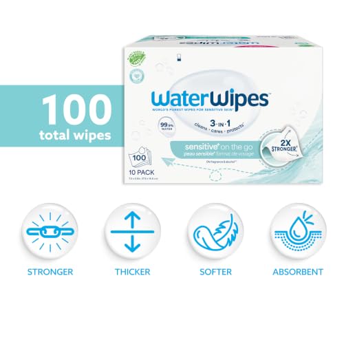 Image of WaterWipes Sensitive+ On The Go Wipes, 3-In-1 Cleans, Cares, Protects, 99.9% Water, Unscented & Hypoallergenic Wet Wipes, 100 Count (10 Packs)