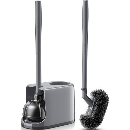 HAMITOR Toilet Plunger and Brush Set for Bathroom Cleaning with Extented Handle - Heavy Duty Toilet Plunger Combo Accessories with Caddy Stand Holder for Small Space - Gray