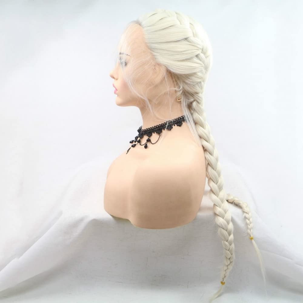 Melody 60#Color Platinum Blonde Lace Front Double Braids Wigs Synthetic Braid Blonde Wigs Add Wave Heat Resistant Fiber Braiding Hair With Baby Hair …