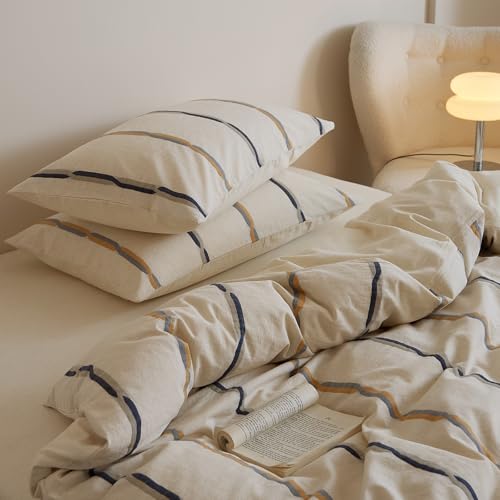 Image of mixinni Cotton Linen Jacquard Duvet Cover Set King, 3-Piece Mid-Century Modern Bedding, Vintage Striped Bohemian Duvet Cover with 2 Pillowcases, All-Season Breathable Comforter Cover-King Size