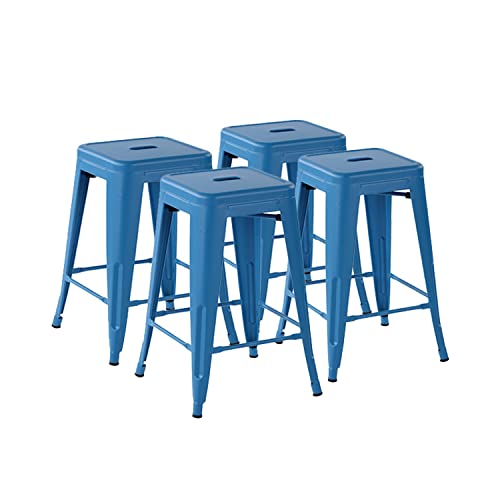 Furniturer Metal Bar Stools Set Of 4,Commercial Grade 24" High Backless Indoor-Outdoor Barstool With Square Seat，Counter Height Home Kitchen Dining Stool Backless Bar Chair, Blue, 4Pcs #TOP27