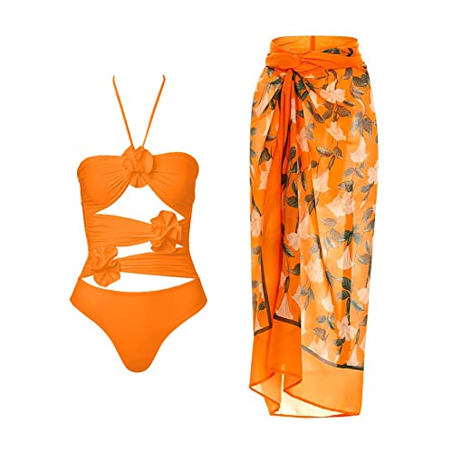 Image of IDOPIP Women's One Piece Swimsuit with Beach Cover up Wrap Skirt Sarong Halter Floral Print Bikini Set Two Piece Bathing Suit, Orange - Halter, Large