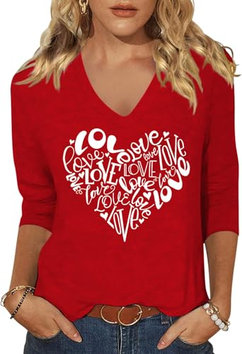 Image of Woffccrd Womens 3 /4 Sleeve V Neck T-Shirts Valentina's Day Spring Shirts Love Heart Printed Graphic Tees