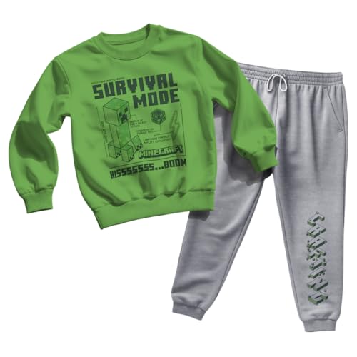 Image of Minecraft Creeper Boy's 2-Piece Fleece Long-Sleeved Shirt and Pants Set - Crewneck Sweatshirt and Joggers Bundle for Kids