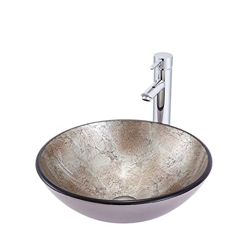 Lavandino da appoggio per Bagno, lavabo da appoggio in Vetro temperato Artistico, lavabo da appoggio Rotondo, Installazione su Piano, lavandini per Mobile da Bagno con Rubinetto Combinato, p