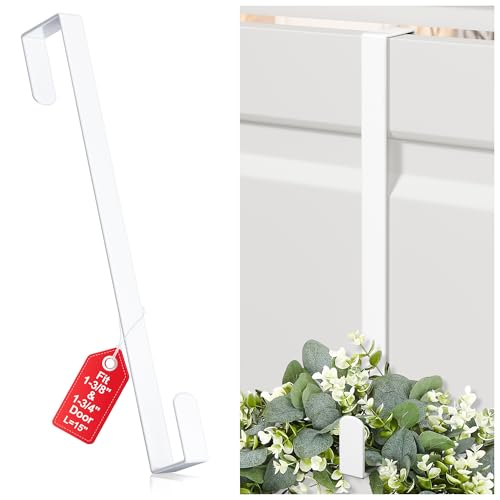 Image of 15 inch Reversible Wreath Hanger for Front Door, Fits Most Doors up to 1-3 /4 inch | Heavy-Duty Steel Over The Door Hooks up to 80 LBS for Daily Holiday Halloween & Christmas Wreaths, Door Decor, White, 1 PC