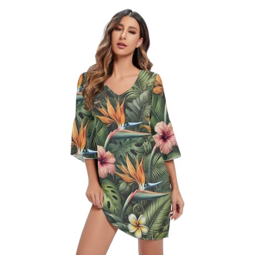 Robe hawaïenne en mousseline à manches 3/4 robe longue verte fleurie été