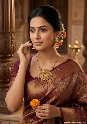 Image of Traditional Gold-Plated Lakshmi Temple Pendant Necklace Set for Women | Antique South Indian Jewelry with Jhumka Earrings | Ethnic Bridal, Wedding & Festive Jewelry Set
