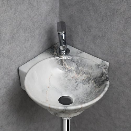 Image of REMOTION Wall Mounted Wash Basin for Bathroom | Wall Hung Corner Sink | Ceramic Round Wall Hung Wash Basin | Wall Hung Small Corner Basin (16.3 x 13.8 x 4.3 Inch) (Designer Blue)