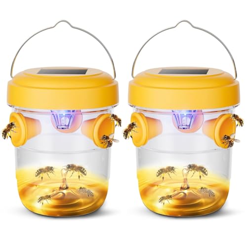 2PACK Wasp Trap,Wasp Trap Outdoor Hanging,Yellow Jacket Trap,Reusable Hanging Hornet Trap,Bee Catcher Outdoor Hornet Traps,Solar Powered Wasp Killer Hanging with UV LED Light(yellow)
