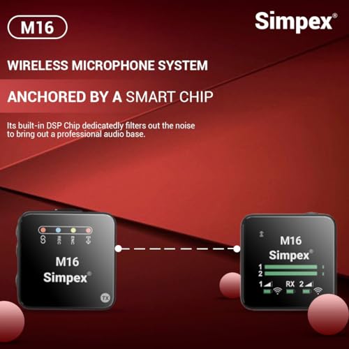 Image of Simpex M-16 Wireless Microphone System with ANC Noise Reduction, 360 Sound Capture, 100M Range, Upto 12 Hrs Working Time, for DSLR Camera, Android & iOS Smartphones, Seamless Audio Recording