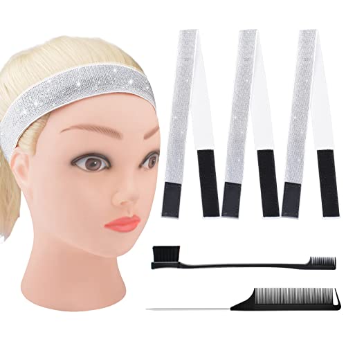 MRTREUP Elastic Bands For Wig 3Pcs Lace Melting Band Edge Band For Lace Front Wig, Hair Edge Wrap To Lay Edges , Edge Brush For Baby Hair Adjustable Wig Band Rail Tail Comb For Braided(Silver)