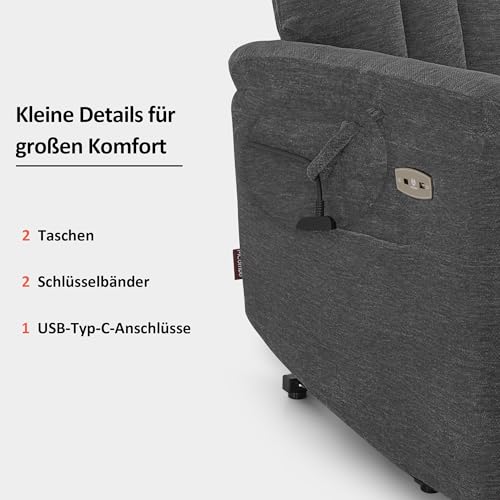 M MCombo Fernsehsessel mit Aufstehhilfe Elektrisch, Sessel mit Aufstehhilfe, Relaxsessel mit Liegefunktion bis 145°35D Vollschaum-Sitzkissen 7117 (Chenille, Grau) – Bild 8