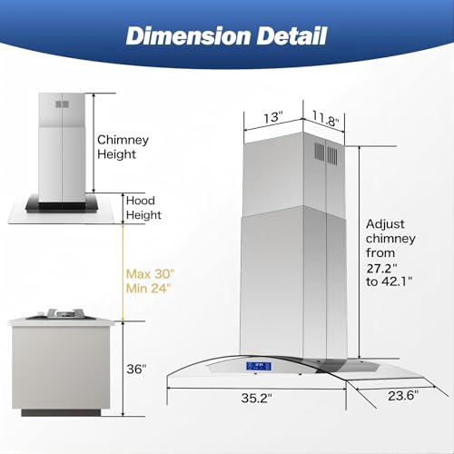 Image of Tieasy Island Range Hood 36 inch 700 CFM Ceiling Mount Kitchen Stove Hood Ducted with Tempered Glass 4 LED Lights Touch Control 3 Speed Fan Permanent Filters