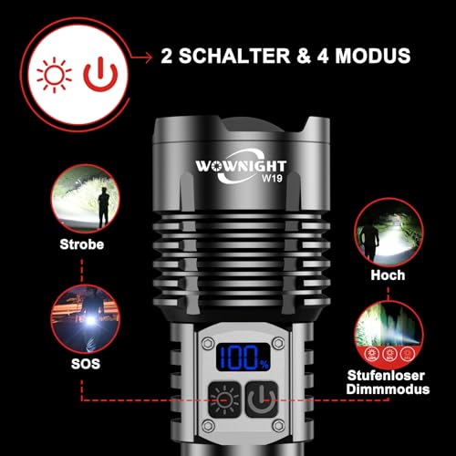 WOWNIGHT Starke Taschenlampe LED Aufladbar 1,000,000 LM, 50W - 1600m – Ansicht 4
