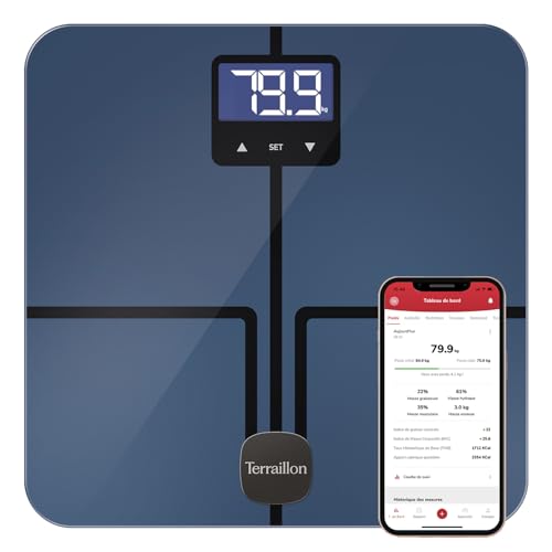 TERRAILLON - MASTER COACH ULTRA - Balance connectée Wi-Fi, Fréquence cardiaque, Analyse des masses graisseuse, musculaire, hydrique, osseuse et viscérale, IMC, Apport calorique journalier, 180 Kg