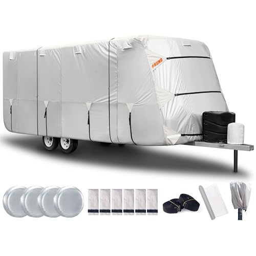 FRUNO Oxford Fabric Travel Trailer Cover RV Cover 20-22 Waterproof Rip-Resistant Anti-UV Camper Cover for Winter Snow with Jack Cover 4 Tire Covers and Gutter Covers