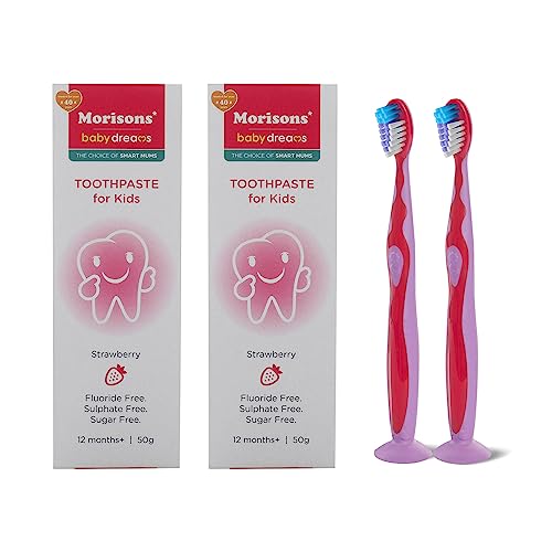 Image of Morisons Baby Dreams Kids Strawberry Flavour Toothpaste 50 gm (Pack of 2) & Baby Astro Oral Care Toothbrush with soft Bristles (Pack of 2)
