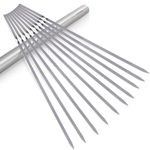 Kabob Skewers(Set of 20), 14'' Shish Kebab Skewers 304 Stainless Steel BBQ Barbecue Skewers Flat Metal Grilling Skewers, Reusable BBQ Sticks with Portable Storage Tube