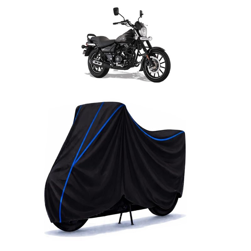 Image of Bajaj Avenger Street 160 Bike Cover Water Resistant Universal Motorcycle Rain | Heavy Duty UV Protection, Dust, Scratch Indoor Outdoor All Weather with Black Blue Piping Elastic