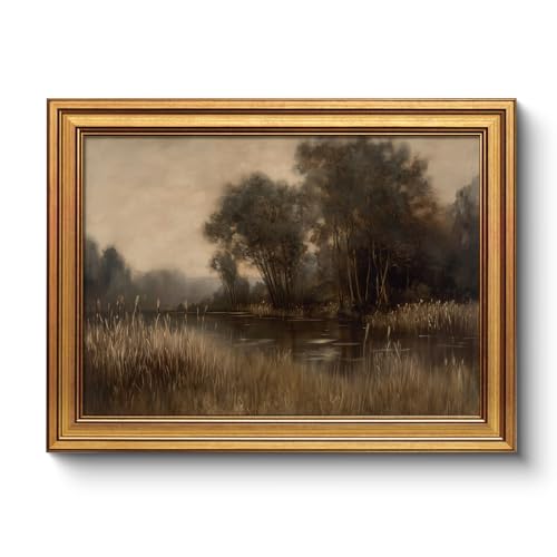 Vintage Landscape Golden Framed Nature Wall Art 12x16, Classic Serene Lakeside Trees Forest Painting Canvas Print, Rustic Countryside Neutral Brown Artwork Bedroom Hallway Farmhouse Office Décor