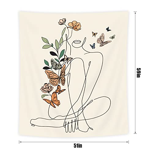Svbright Abstract Woman Butterfly Fabric Wall Hanging Tapestry 51Wx59H Inch Minimalist Modern Flower Plant Mid Century Terracotta Aesthetic Portrait Beige Home Decor Art For Living Room Bedroom Dorm #TOP4