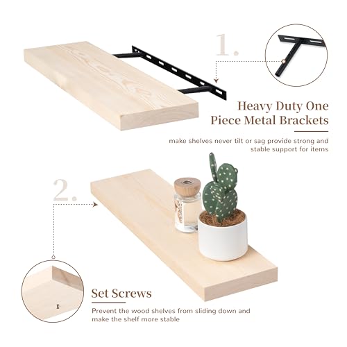 Image of Marsmiles Natural Wood Floating Shelves | 24 Inch Unfinished Wood Wall Shelves Set of 2 | 24 inch W x 6.7 inch D Rustic Wooden Shelves for Bathroom Kitchen Living Room Bedroom