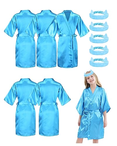 MORFORU 5PACK Girls Kids Solid Color Silky Satin Kimono Robe set for Wedding Spa Birthday Party
