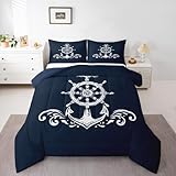 Erosebridal Nautical Anchor Bedding Set, Ocean Sailboat Navy Blue Down Comforter Queen Size, Coastal Compass Comforter Set, Blue Ocean Theme Duvet Insert Bedroom Decor