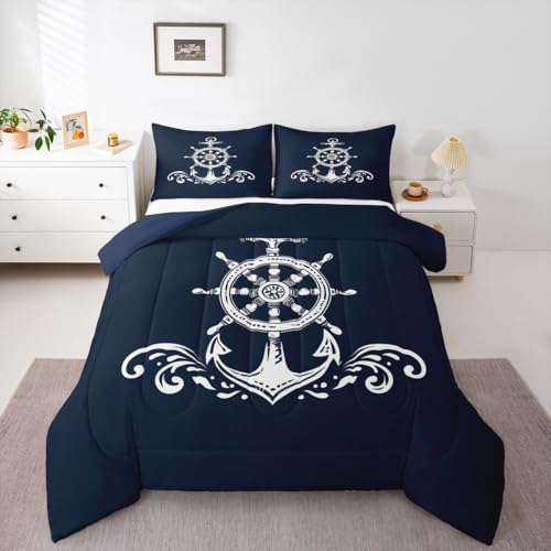 Erosebridal Nautical Anchor Bedding Set, Ocean Sailboat Navy Blue Down Comforter Twin Size, Coastal Compass Comforter Set, Blue Ocean Theme Duvet Insert Bedroom Decor