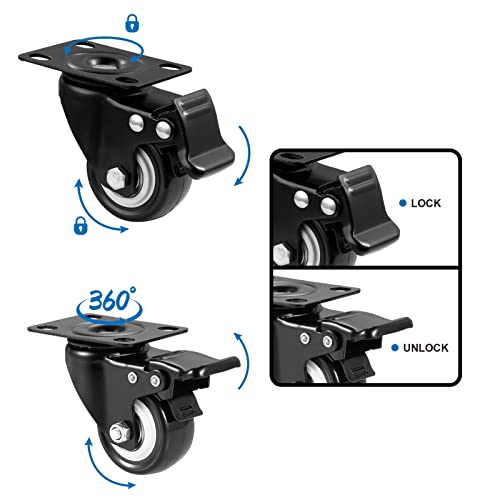 ASRINIEY Castor Wheels, 50mm Castors, Swivel Castors with Brake (Plate) - Caster Wheels Set of 4, Heavy Duty Casters and Wheels for Furniture, Non Marking Black Polyurethane Trolley Wheels - Image 2