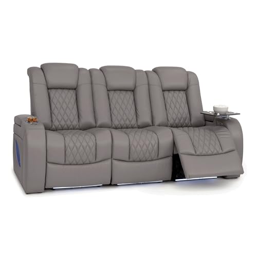 Image of Seatcraft Virtuoso LT Gray Italian Leather Home Theater Seating, Zero Gravity Power Recliner, Powered Headrest and Lumbar Gaming and Home Office Chair, Heat and Massage Lounge Sofa, Row of 3 Sofa