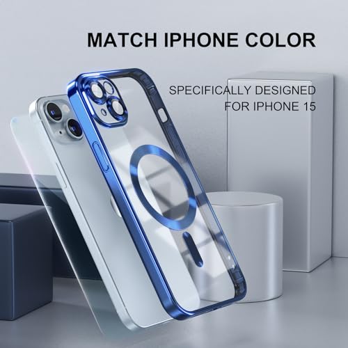 Image of Misea Magnetic for iPhone 15 Case Compatible with MagSafe | [Never Yellowing] [Military Drop Protection] Full Camera Lens Protector Plating Soft Clear Phone Case for Women, Deep Blue