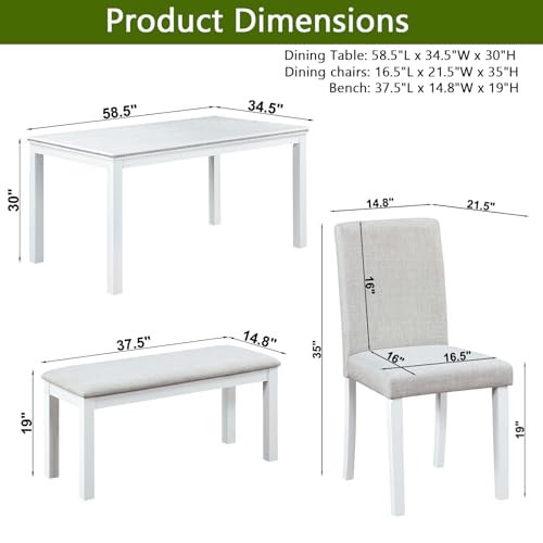 Image of KEIKI 6-Piece Standard Height Dining Table Set with Rectangular Table, 4 Upholstered Chair, Bench, for 6 Person, Modern Crystal Decoration Table Set, Easy Assembly, for Kitchen, Dining Room, White