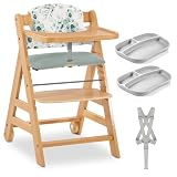 hauck Seggiolone Set Alpha+ Move - Seggiolone Pappa Legno con Ruote - Sediolone Pappa Bimbi con Vassoio e Cuscino - Sedia Evolutiva con 2 Piatti in Silicone -Legno/Mint