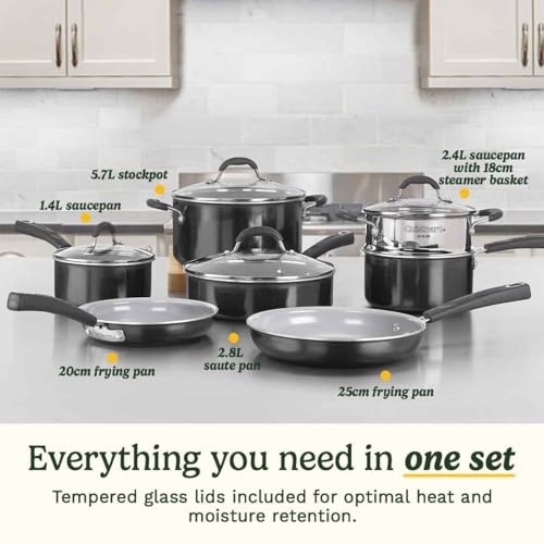 Cuisinart Ceramica XT Non-Stick Cookware Set 11-piece: Saucepans, Frypans, Stockpot, Sauté Pan, Steamer | Titanium-reinforced ceramic interior, PTFE, PFOA & PFAS-free Silicone Cool Grips,Black Ceramic - Image 3