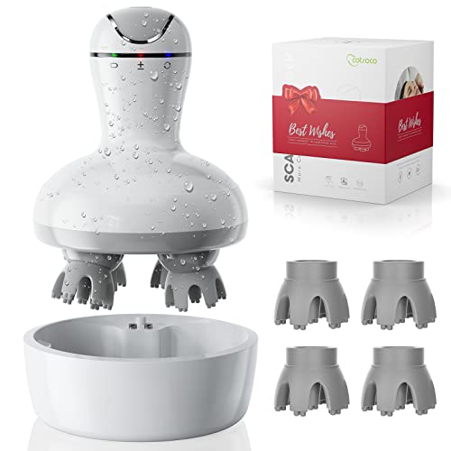 Cotsoco Elektrisches Kopfmassagegerät mit 4 Ersatz-Massageköpfen, IPX7 Wasserdichtes Tragbar Kopfhaut-Massagegerät für Haarwachstum, Stressabbau,Geschenk für vatertag Cover