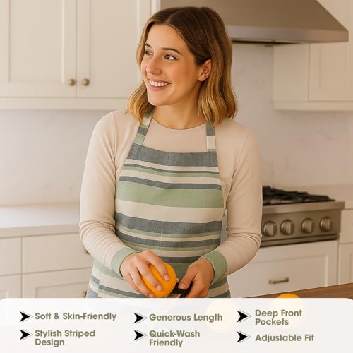 Image of Unisex Cooking Aprons | Waterproof Apron | Striped Design with 2 Front Pockets & Adjustable Neck Strap | Durable, Oil & Stain Resistant | Chef Apron for Cooking
