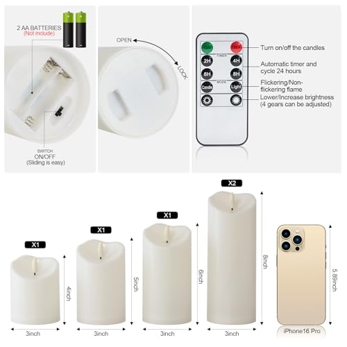 Image of Raycare 3 inchx4 inch5 inch 6 inch 8 inch 8 inch Outdoor Waterproof Flameless Candles, Battery Operated LED Candles with Remote Control and Timer, Electric Fake Plastic Pillar Candles, Ivory White, Set of 5