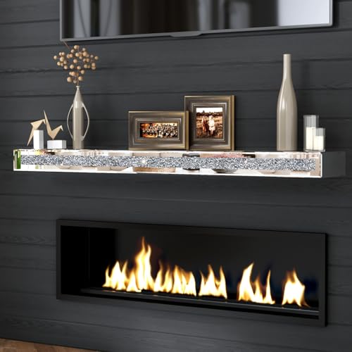 blingworld Fireplace Mantel Mirrored, 48" Glass Floating Mantel Shelf for