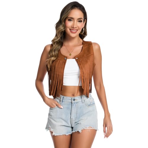 Women's 70s Hippie Vest Disco Outfits Fringe Vest 60s Faux Suede Sleeveless Tassel Cowgirl Jacket Party Halloween