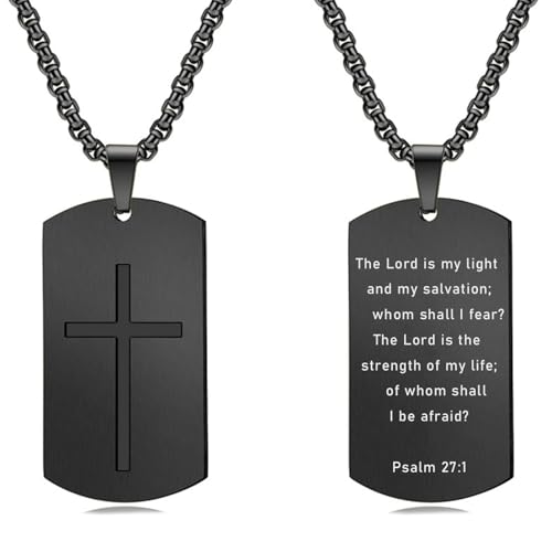 Rnivida Men's Black Bible Verse Cross Tag Pendant Necklace, Psalm 27:1